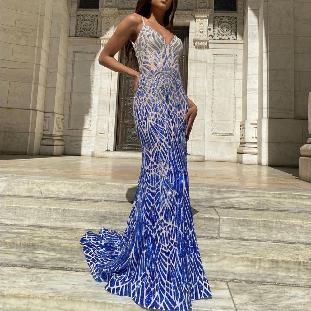 Jovani blue and silver sequin gown